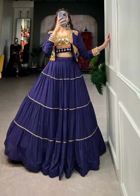 Navratri Style Pure Rayon And Embroidered With Gamthi Work And Koti Style Lehenga Choly Blue Color DN 1606