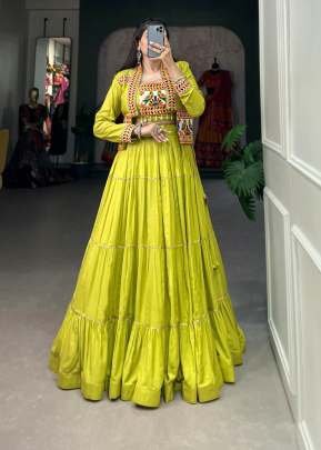 Navratri Style Pure Rayon And Embroidered With Gamthi Work And Koti Style Lehenga Choly Parrot Color DN 1606