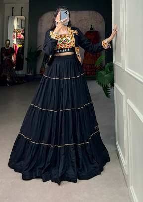 Navratri Style Pure Rayon And Embroidered With Gamthi Work And Koti Style Lehenga Choly Black Color DN 1606