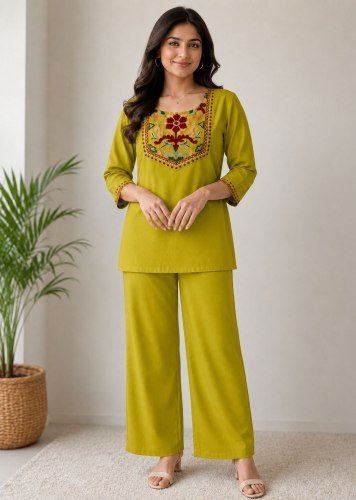 New Fancy Safrin  Designer Rayon Slub Co-Ord Set with Beautiful Embroidery Work for Women Lime Green Color