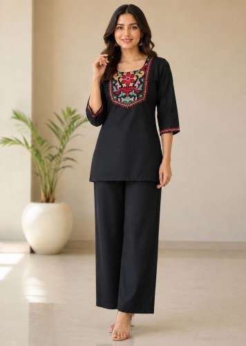 New Fancy Safrin  Designer Rayon Slub Co-Ord Set with Beautiful Embroidery Work for Women Black Color