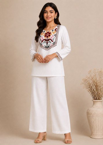 New Fancy Safrin  Designer Rayon Slub Co-Ord Set with Beautiful Embroidery Work for Women Off-White Color