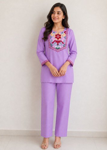 New Fancy Safrin  Designer Rayon Slub Co-Ord Set with Beautiful Embroidery Work for Women Lavende Color