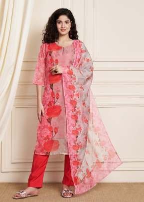 New Launching Roshni Pink Organza Pakistani Style Subtle Glamour Khatli Hand Work 3 Pieces Kurti Set Light Pink 