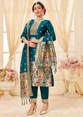 Paithani Vol 2 Jacquard Weaving Zari Work Paithani Silk Suit Teal Blue Color 