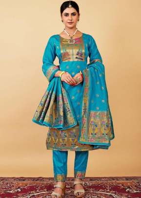 Paithani Vol 3 Jacquard  Weaving Zari Work  Paithani Silk Suit Sky Blue Color 
