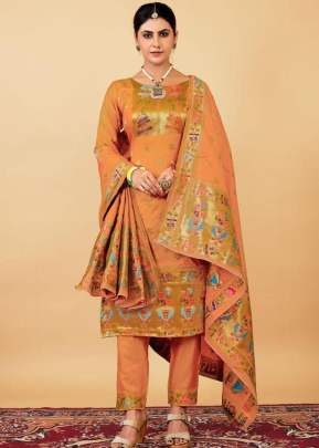 Paithani Vol 3 Jacquard  Weaving Zari Work  Paithani Silk Suit  Light Orange Color 