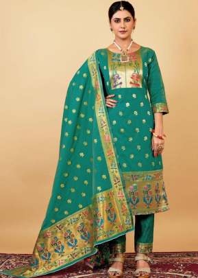 Paithani Vol 3 Jacquard  Weaving Zari Work  Paithani Silk Suit  Caribbean Green Color  