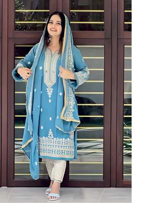  Exclusive Heavy Faux Georgette  Embroidered Sequence  With Dimond And Mirror Work Pakistani Suit Sky Blue Color DN 189
