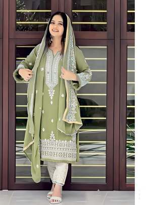  Exclusive Heavy Faux Georgette  Embroidered Sequence  With Dimond And Mirror Work Pakistani Suit Olive Green Color DN 189