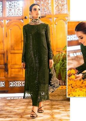 Pakistani Maaria A Premium Heavy Faux Georgette Suit With Embroidery And Sequence Work Pakistani Suit Dark Green Color DN 1193