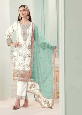 Pakistani Maria A Catalogue Heavy Faux Georgette Suit With Khatli And Sequence Embroidery Work White And Green DN 1197