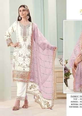 Pakistani Maria A Catalogue Heavy Faux Georgette Suit With Khatli And Sequence Embroidery Work White And Dusty Pink DN 1197