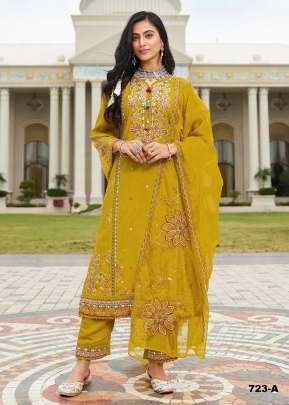 Pakistani Suit PV Cotton With Heavy Embroidered Viscose Multi Thread Zari Sequence Work Mustard Yellow Color DN 723
