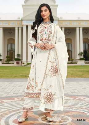 Pakistani Suit PV Cotton With Heavy Embroidered Viscose Multi Thread Zari Sequence Work White Color  DN 723