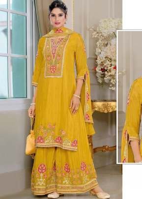 Palazzo Suit Heavy Chinon With Embroidery Sequence Work And Diamond Work Yellow Color DN 1188