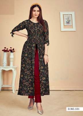 Pari Vol 3 14 Kg Rayon Print Fancy Long Kurtis Black Color DN 101