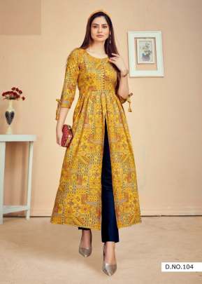 Pari Vol 3 14 Kg Rayon Print Fancy Long Kurtis Yellow Color DN 104