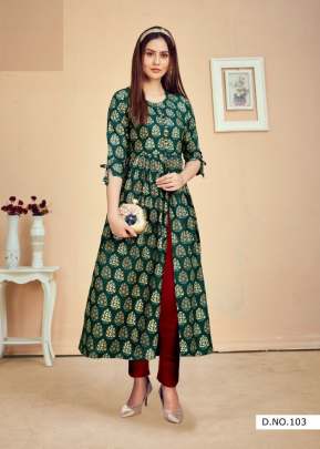 Pari Vol 3 14 Kg Rayon Print Fancy Long Kurtis Green Color DN 103