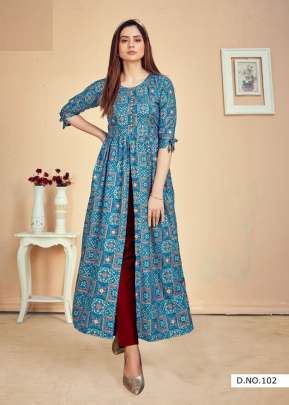 Pari Vol 3 14 Kg Rayon Print Fancy Long Kurtis Sky Color DN 102