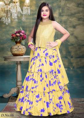 Party Wear Designer Poly Reyon With Mirror Work Kids Lehenga Choli Light Yellow Color DN 06