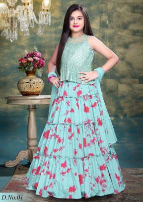 Party Wear Designer Poly Reyon With Mirror Work Kids Lehenga Choli Sky Color DN 01