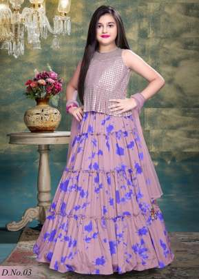 Party Wear Designer Poly Reyon With Mirror Work Kids Lehenga Choli Purple  Color DN 03