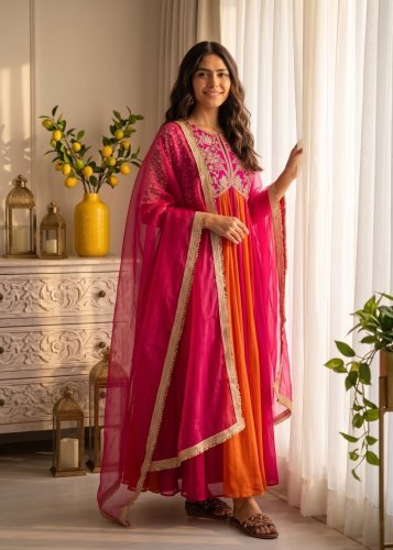 Party Wear Look  Pur Nc Moss Silk With Embroidery Work Sleeve With Tassels Anarkali Gown Magenta Pink Color LFH AD DN 247 