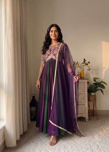 Party Wear Look  Pur Nc Moss Silk With Embroidery Work Sleeve With Tassels Anarkali Gown Dark Purple Color LFH AD DN 247 
