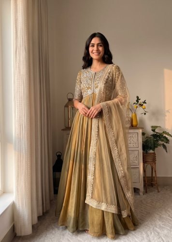 Party Wear Look  Pur Nc Moss Silk With Embroidery Work Sleeve With Tassels Anarkali Gown Dusty Lavender Color LFH AD DN 247 