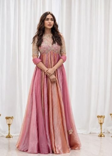 Party Wear Look  Pur Nc Moss Silk With Embroidery Work Sleeve With Tassels Anarkali Gown Pink Rose Color LFH AD DN 247 