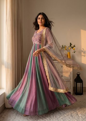 Party Wear Look  Pur Nc Moss Silk With Embroidery Work Sleeve With Tassels Anarkali Gown Purple Color LFH AD DN 247 
