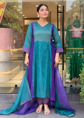 Parvati Premium Festive Anarkali Set Pure Mul Chanderi Kurta pent Dupatta Full Set Teal Blue Color DN 1433