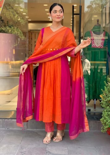 Parvati Premium Festive Anarkali Set Pure Mul Chanderi Kurta pent Dupatta Full Set Orange Color DN 1433