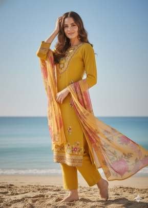 Pihu Designer Kurta Set In Pure Viscose Chanderi Silk With Embroidery Sequence Work Mustard Yellow Color
