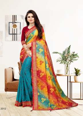 Pooja Half Bandhni Fully Gota Worked Border Moss Chiffon Saree Multi Color DN 2012