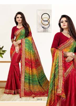 Pooja Half Bandhni Fully Gota Worked Border Moss Chiffon Saree Multi Color DN 2013