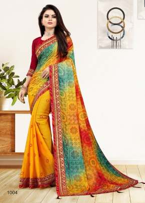 Pooja Half Bandhni Fully Gota Worked Border Moss Chiffon Saree Multi Color DN 1004