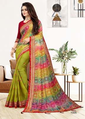 Pooja Half Bandhni Fully Gota Worked Border Moss Chiffon Saree Multi Color DN 1005