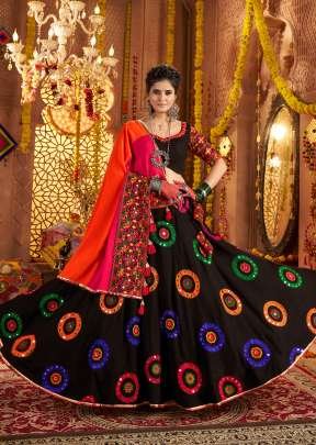 Popular During Navratri Viscose Cotton Thread Embroidery Work With All Over Mirror Work Chaniya Choli Black Color DN 11012