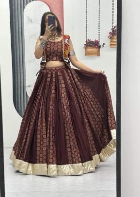 Popular Navratri Dandiya Special Cotton Ajrakh Print And Lumpi Lace Border With Jacket Lehenga Choli Brown Color 