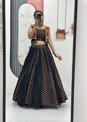 Popular Navratri Dandiya Special Cotton Ajrakh Print And Lumpi Lace Border With Jacket Lehenga Choli Black Color 