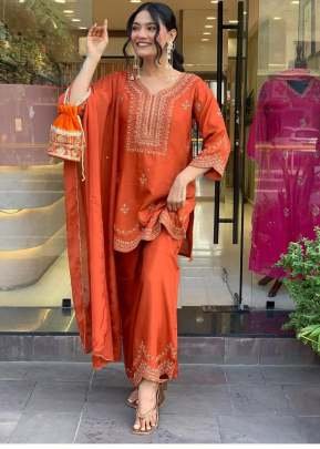 Premium 3 Pcs Palazzo Set In Pure Roman Silk Fabric With Elegant Shine Rust Orange Color DN 104