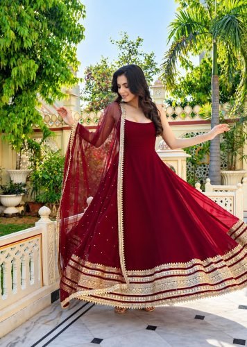 Premium Anarkali Gown Faux Blooming with Embroidery Zari Sequins Work Maroon Color LFH TD DN 6148
