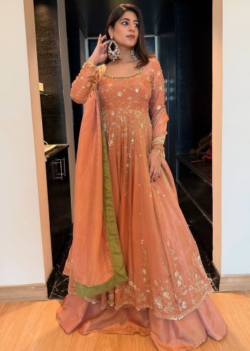 Premium  Anarkali Gown Lehenga Dupatta Set Star Georgette With Heavy Embroidery Peach Color LFH TD DN 6108