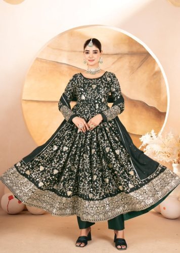 Premium  Anarkali Gown Pent Dupatta Set Star Georgette With Heavy Sequence Dark Green LFH TD DN 6137
