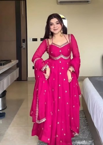 Premium  Anarkali Gown Pent Dupatta Set Faux Blooming With Embroidery Sequence Work Pink Color LFH TD DN 6147
