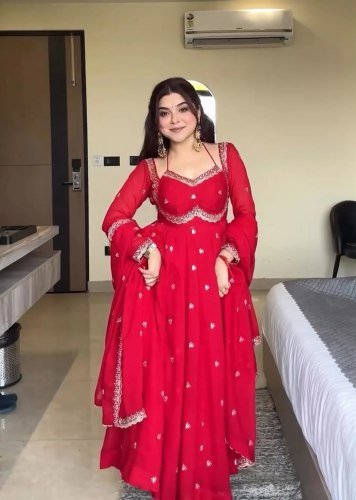 Premium Anarkali Gown Pent Dupatta Set Faux Blooming With Embroidery Sequence Work Red Color LFH TD DN 6147