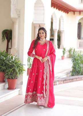 Premium And Elegant Vichitra Silk Heavy Sequence And Zari Embroidered Work Anarkali Gown Rani Color LW DN 9281