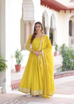 Premium And Elegant Vichitra Silk Heavy Sequence And Zari Embroidered Work Anarkali Gown Mehndi Yellow Color KA DN 1208
